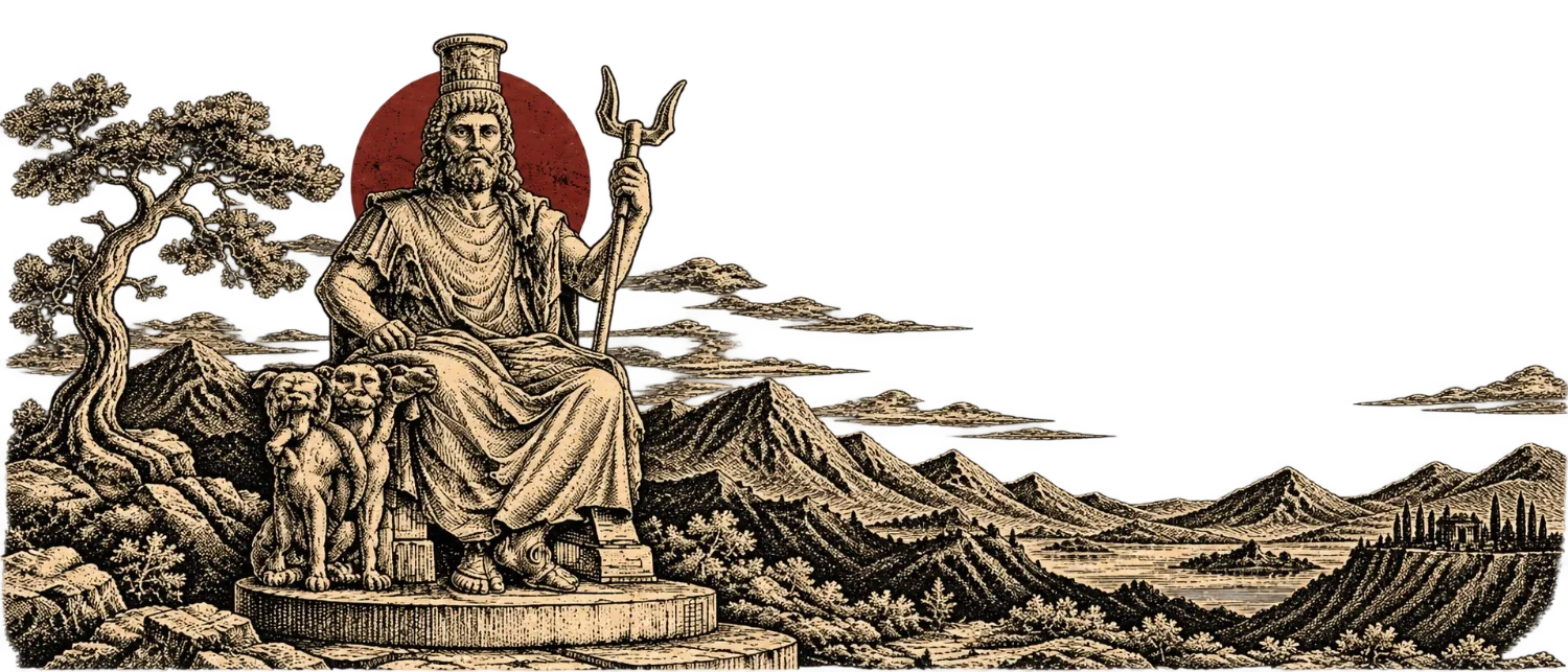 Engraving-style illustration of the god Serapis enthroned on a stone plinth, wearing a tall crown and holding a forked staff, with the three-headed dog Cerberus at his knee and a red sun behind him over a mountain landscape