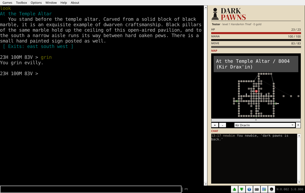 Mudlet playing Dark Pawns: the game text on the left; on the right, the cream dock with the Dark Pawns mark, the character line, hit point, mana and movement readings, a map of Kir Drax'in centred on the Temple Altar, and a chat window.